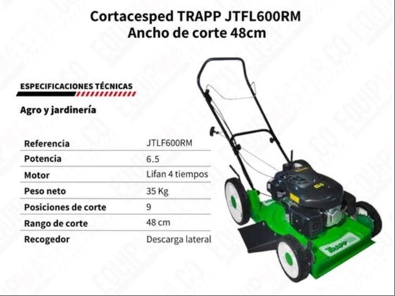 Trapp Cortacesped con Bolsa Recolectora y Motor a Gasolina de 6,5 HP  JTLF650RM - Durespo
